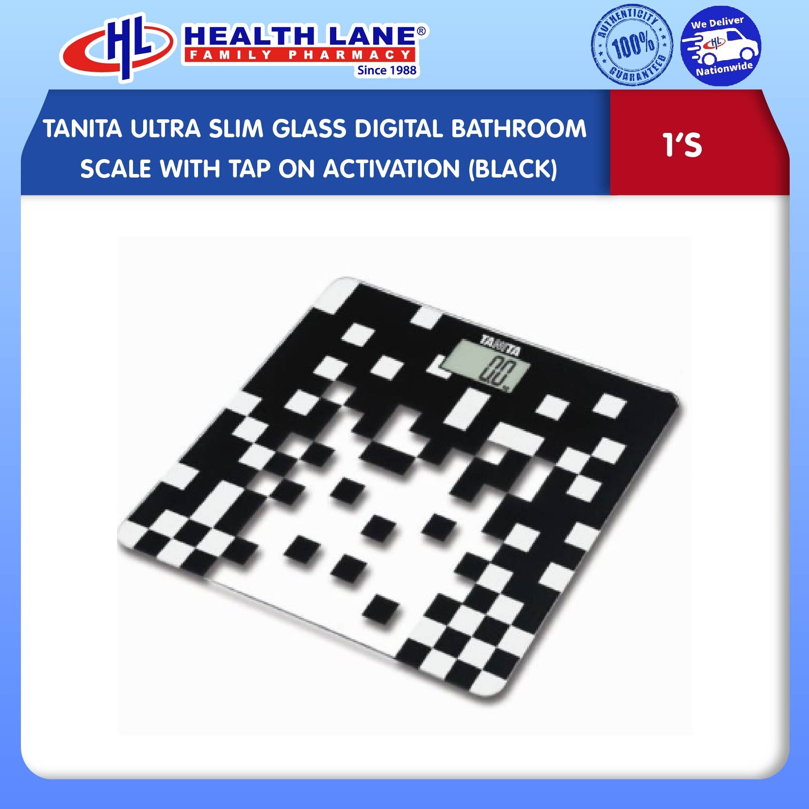 TANITA ULTRA SLIM GLASS DIGITAL BATHROOM SCALE DENGAN TAP ON ACTIVATION (BLACK)